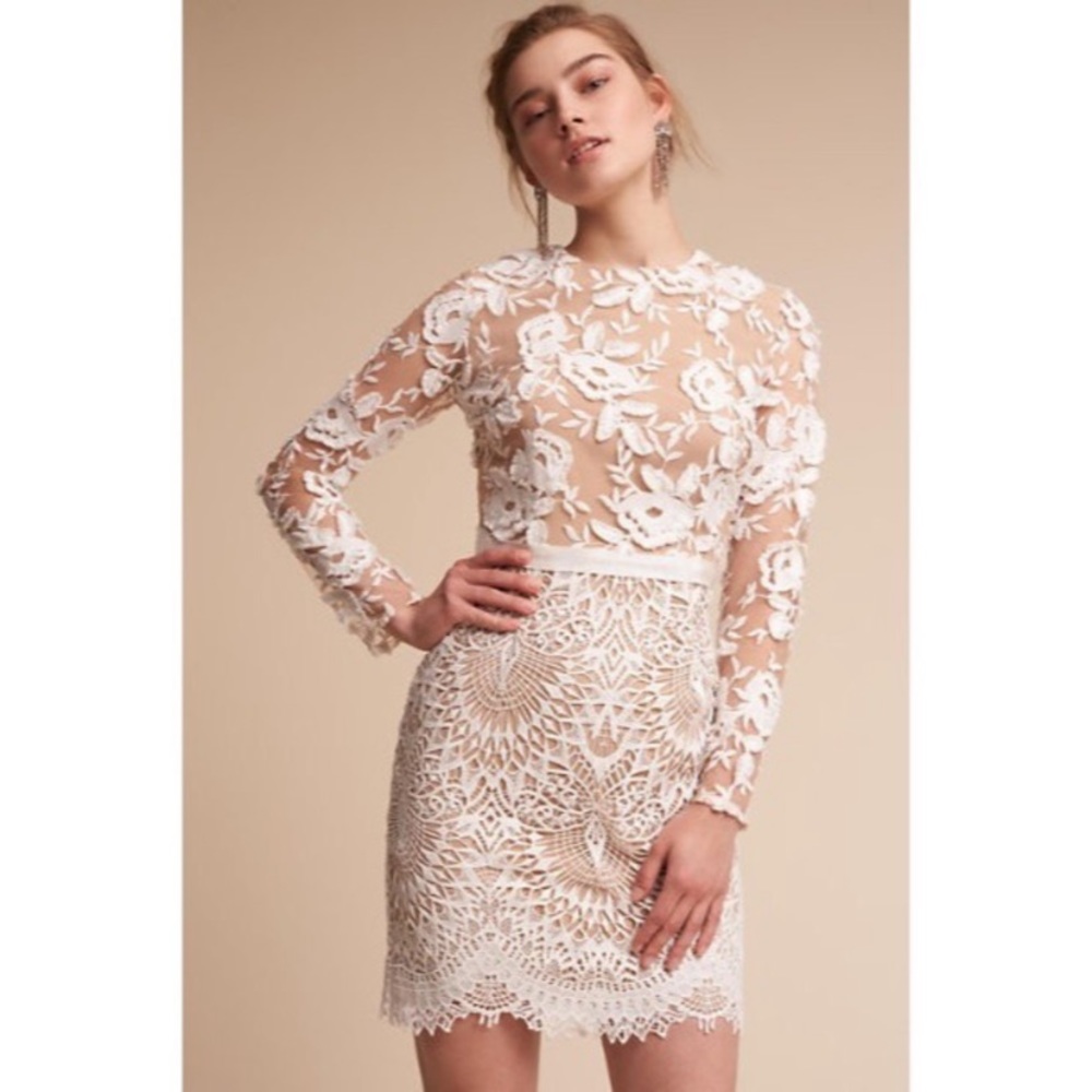 Monique Lhuillier x BHLDN Tiana Calypso long Sleeve Short Lace Bridal Dress